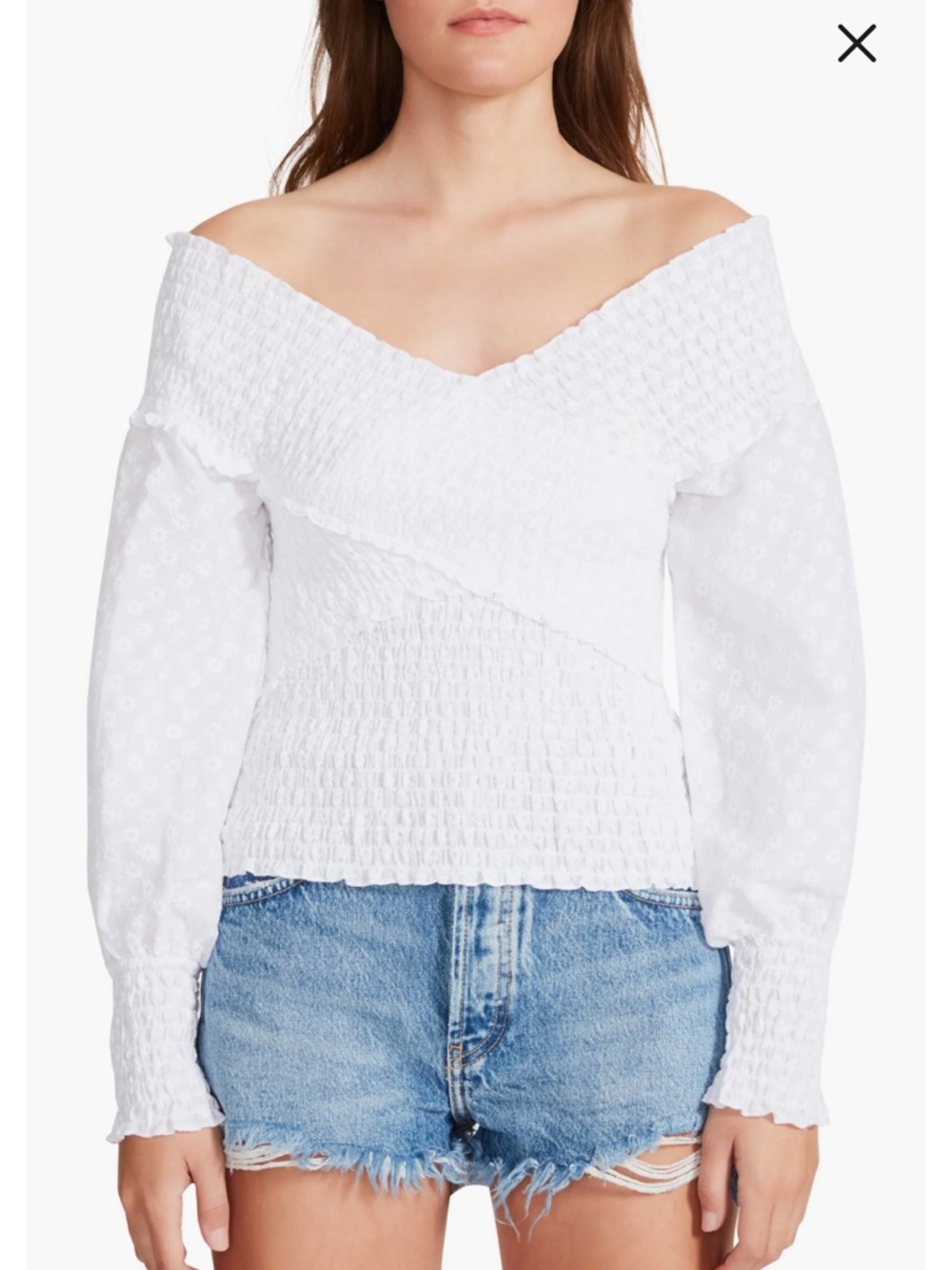 BB Dakota White Smocked Off-Shoulder Top